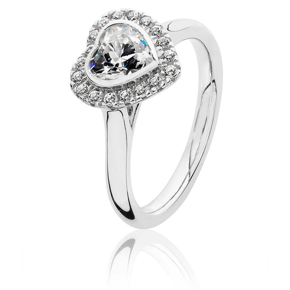 Sterling Silver Large Bezel Set Heart Shape Halo Style CZ Ring