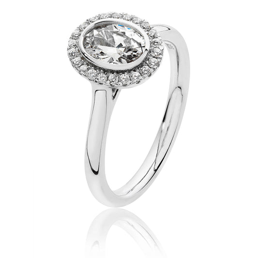 Sterling Silver Small Bezel Set Oval Shape Halo Style CZ Ring