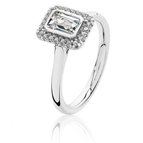 Sterling Silver Small Bezel Set Emerald Cut Halo Style CZ Ring