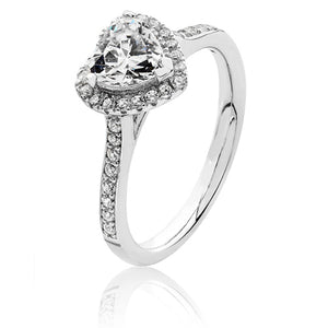 Sterling Silver Small Claw Set Heart Shape Halo Style CZ Ring