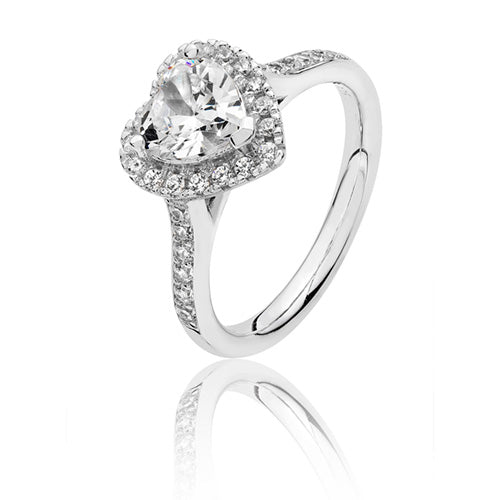 Sterling Silver Large Claw Set Heart Shape Halo Style CZ Ring