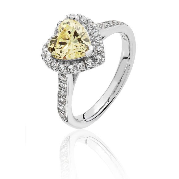 Sterling Silver Claw Set Heart Halo Style Yellow CZ Ring