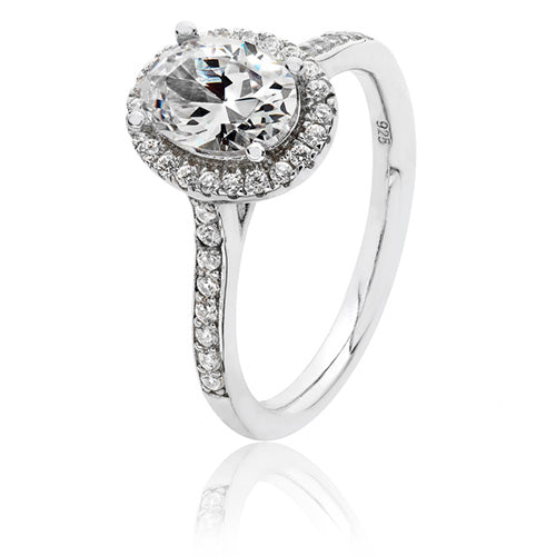 Sterling Silver Small Claw Set Oval Shape Halo Style CZ Ring