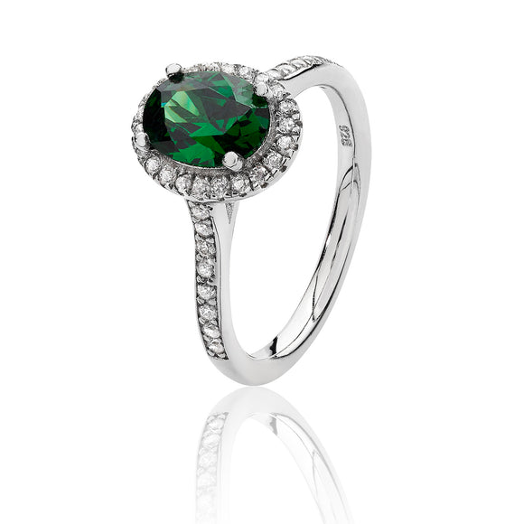 Sterling Silver Small Claw Set Oval Shape Halo Style Green CZ Ring