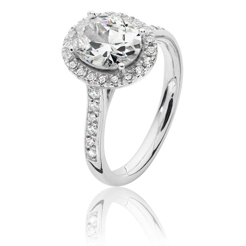 Sterling Silver Large Claw Set Oval Shape Halo Style CZ Ring