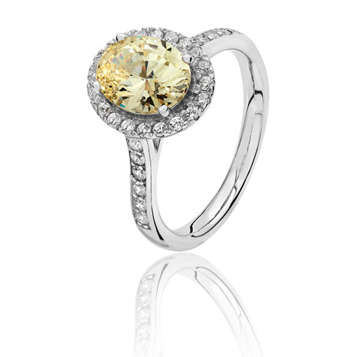 Sterling Silver Large Claw Set Oval Halo Style Yellow CZ Ring