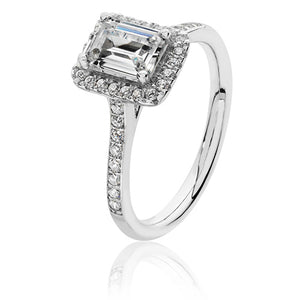 Sterling Silver Small Claw Set Emerald Cut Halo Style CZ Ring