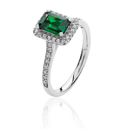 Sterling Silver Small Claw Set Emerald Cut Halo Style Green CZ Ring