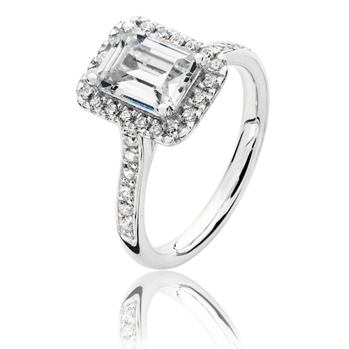 Sterling Silver Large Claw Set Emerald Cut Halo Style CZ Ring