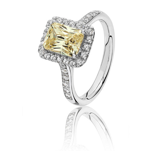 Sterling Silver Large Claw Set Emerald Cut Halo Style Yellow CZ Ring