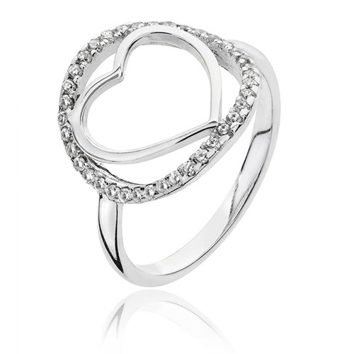 Sterling Silver Plain Heart Within Round Halo Style CZ Ring