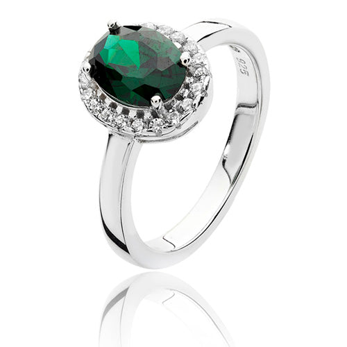 Sterling Silver CZ Halo Green & White Oval CZ Ring