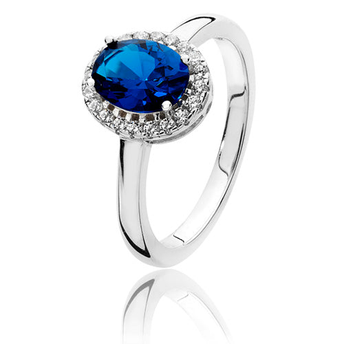 Sterling Silver CZ Halo Blue & White Oval CZ Ring