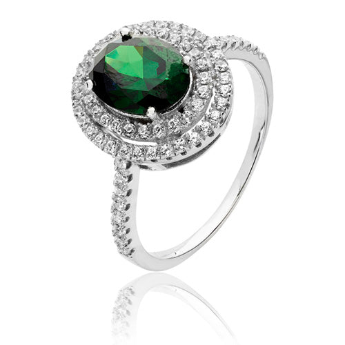 Sterling Silver CZ Double Halo Green & White Oval CZ Ring