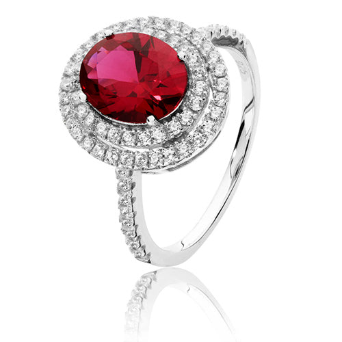Sterling Silver CZ Double Halo Red & White Oval CZ Ring