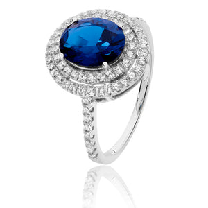 Sterling Silver CZ Double Halo Blue & White Oval CZ Ring