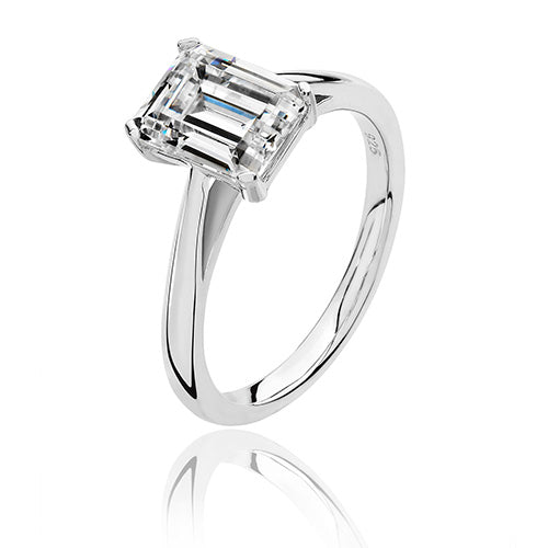 Sterling Silver 4 Claw Emerald Cut CZ Ring