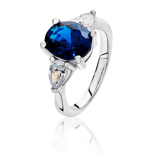 Sterling Silver 3 Stone Blue & White CZ Ring