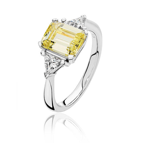 Sterling Silver 3 Stone Yellow & White CZ Ring
