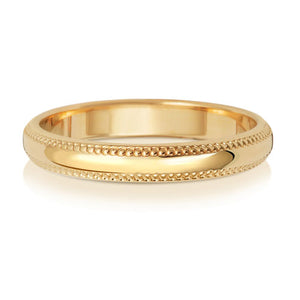 9ct Yellow Gold 3mm D Shape Millgrain Wedding Ring