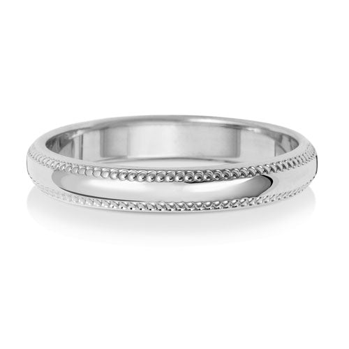 9ct White Gold 3mm D Shape Millgrain Wedding Ring